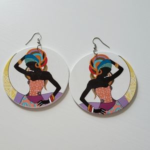 African Woman Colorful Wooden Earrings!